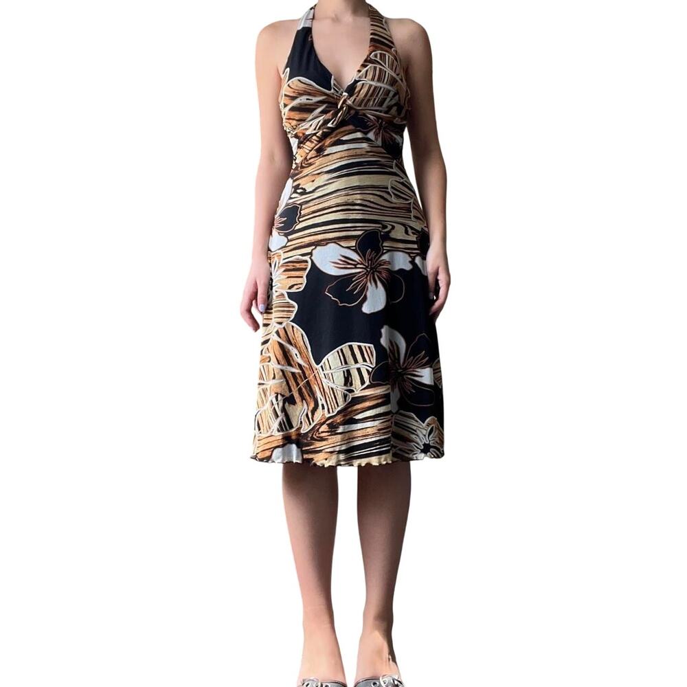 Vintage Cache Floral Halter Sheath Midi Dress V Neck Twist Y2K Tan Black S
